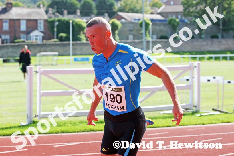 Richard Kilty (Gateshead) breaking Dwain Chambers's 100 metres track record in an Open event during the Hexham Decathlon and Heptathlon. Photo: David T. Hewitson/Sports for All Pics